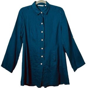 Soft Surrounding 100% linen blue button up tunic top sz M